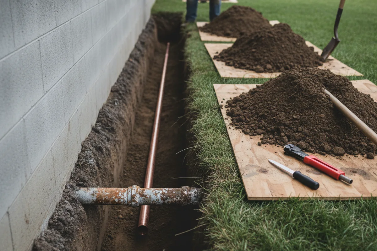 Excavated water line trench during Sewer Line Repair in Villas